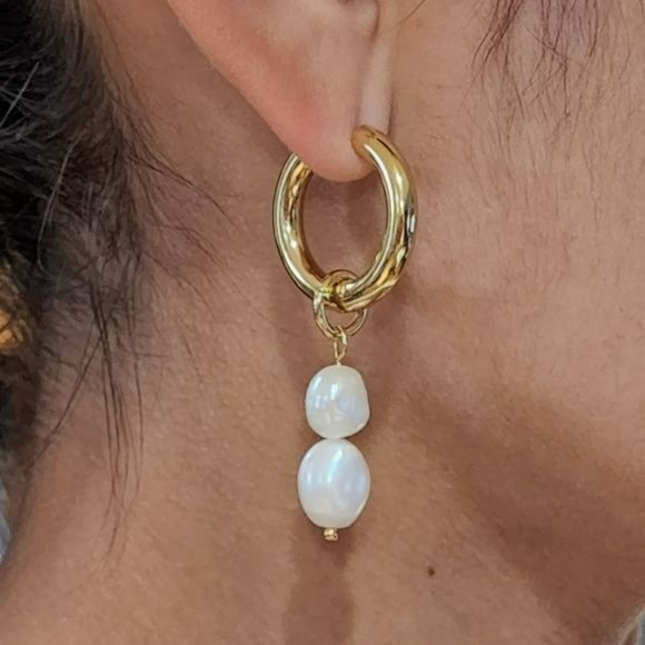 18K Gold Plated Stainless Steel Hoop Freshwater Pearl Beads Dangle Drop Earrings - Picture 3 of 9